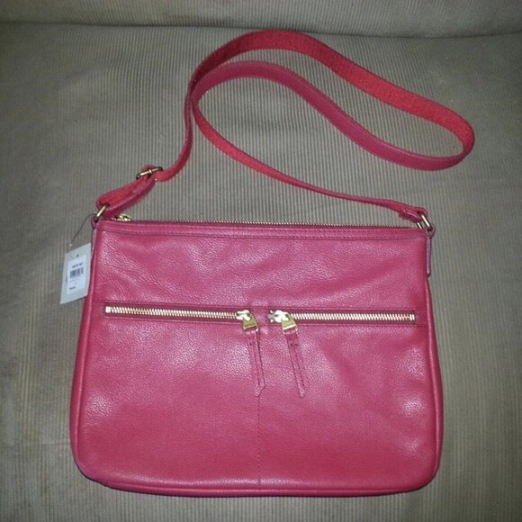 FOSSIL-ELISE-Red Pebble Leather Crossbody Messenger Bag-NEW WITH TAGS - Picture 1 of 9